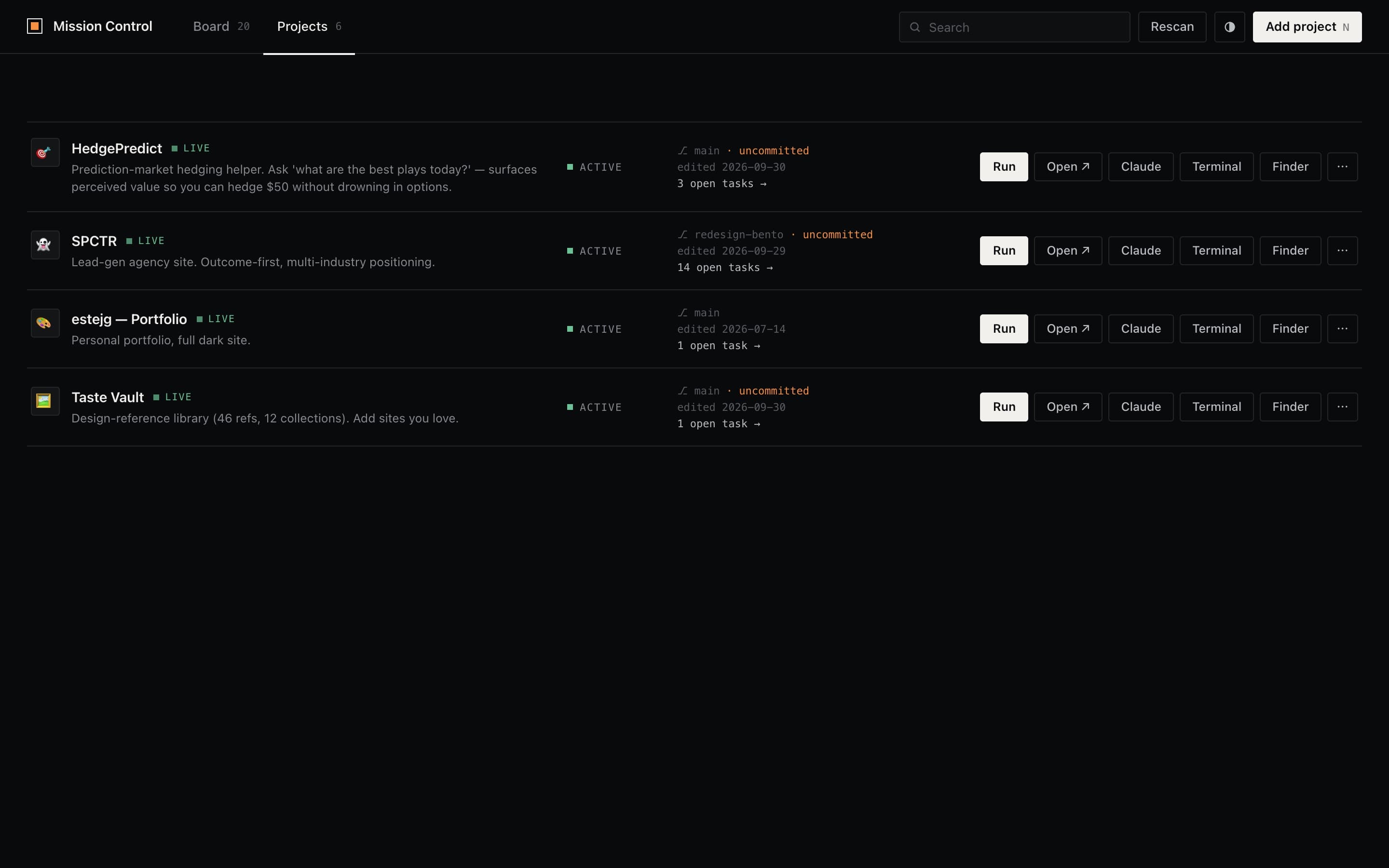 Mission Control projects view listing HedgePredict, SPCTR, the portfolio and Taste Vault with launch buttons
