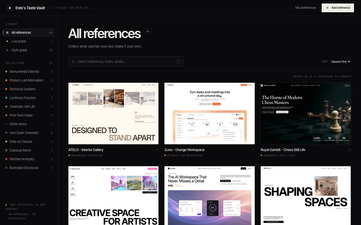 Taste Vault library in dark mode with collections in the sidebar and reference screenshots in a grid
